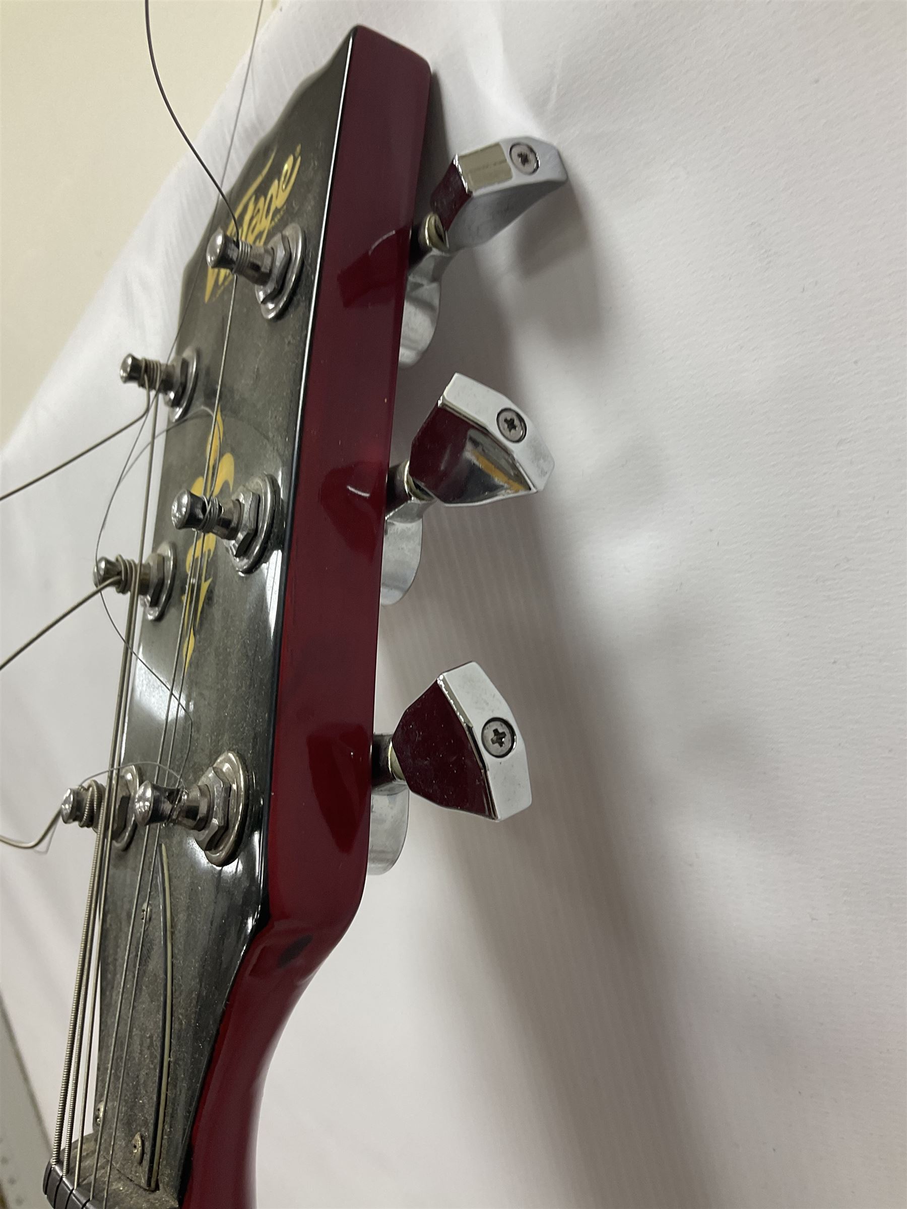 Vintage VS6M Reissued Series six string electric guitar, with solid body in cherry red finish, in carrying case, guitar L103cm