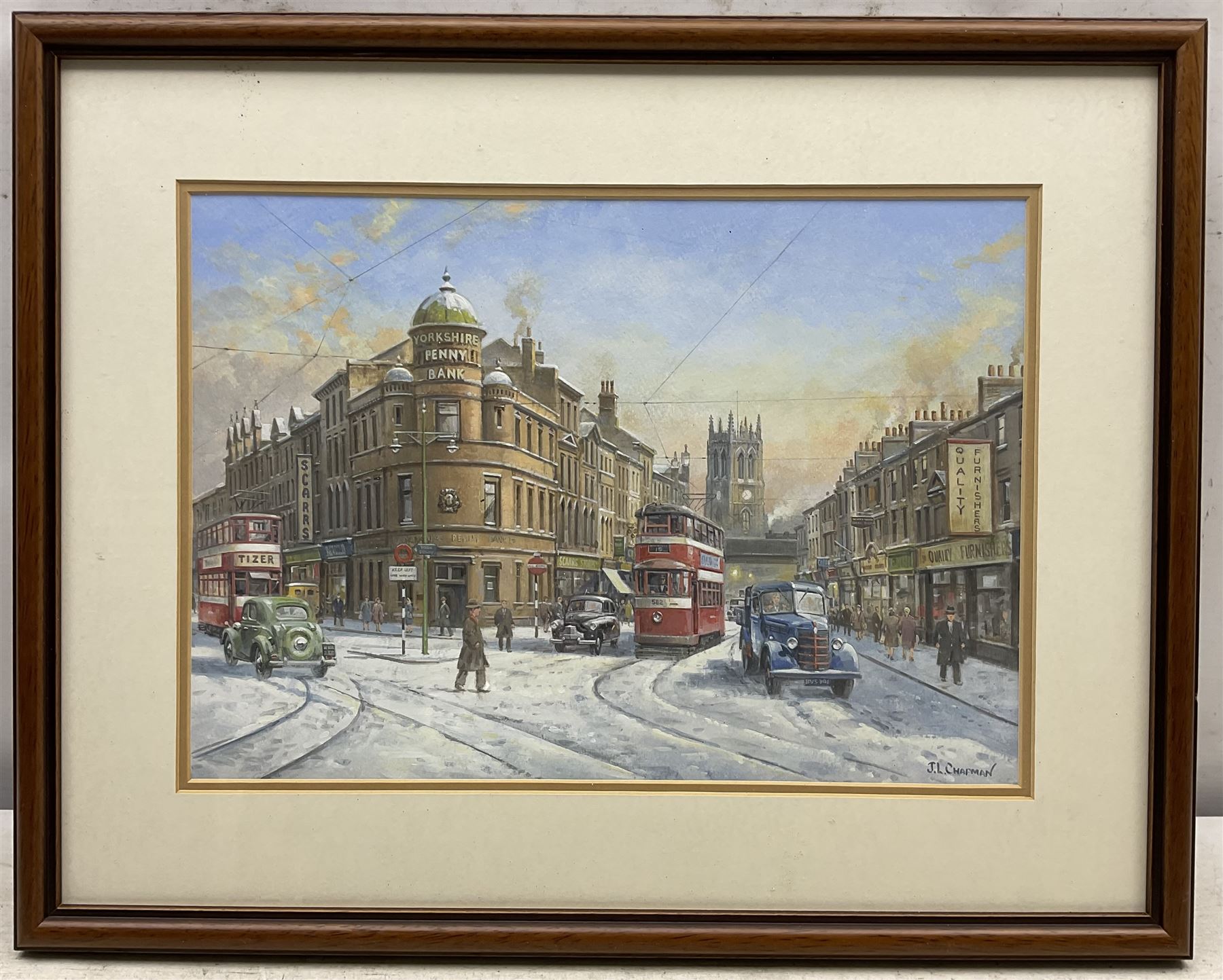 John Lewis Chapman (British 1946-): Yorkshire Penny Bank in the Snow - Leeds, gouache signed 24cm x 34cm