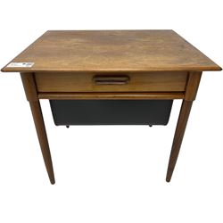 Mid 20th century Norwegian hardwood work or sewing table, rectangular top over single drawer and sliding black vinyl storage basket, on tapering supports
