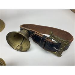 Four brass pestle and mortars, to include two miniature examples, together with other brassware including four branch candleabra, bells etc