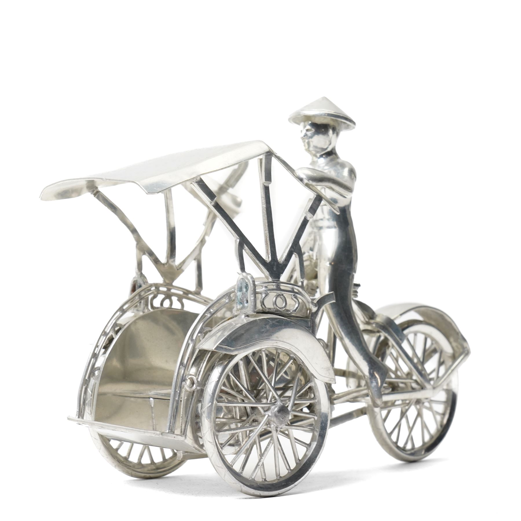 Two white metal tuk tuk or rickshaw models, larger H15cm (2)