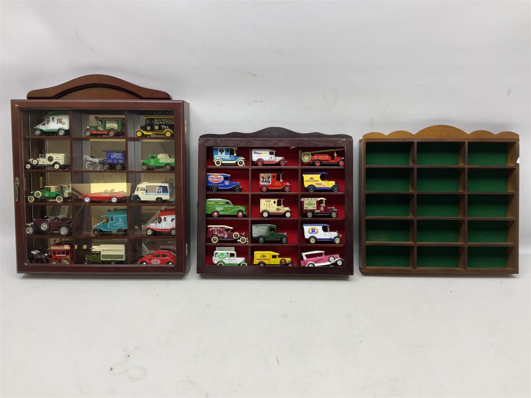 Collection of die-cast vehicles to include Corgi, Dinky, Lledo and Days Gone, housed in six wood display units
