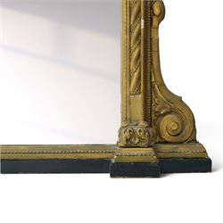 Large late 19th century gilt framed overmantel mirror, urn pediment above a foliate and Greek key frieze, egg and dart beaded edges, enclosing a plain mirror plate, with scrolled lower sections