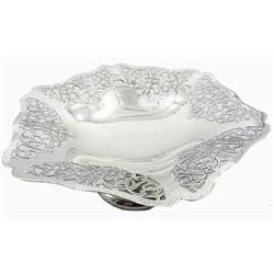 1930's silver tazza of hexagonal form with shaped rim and scrolling foliate pierced sides, upon a spreading circular foot, hallmarked Viner's Ltd, Sheffield 1937, H10cm D25cm, approximate weight 12.14 ozt (377.6 grams)