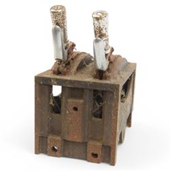 Railway signal box two lever frame, to top of handle H26cm