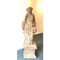  Hand carved stone classical female figure carrying grapes on plinth base, W45cm, H165cm, D30cm  