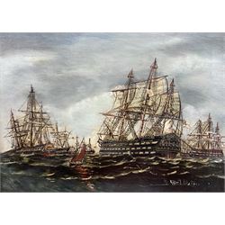 J Middleton (British 19th century): 'Saluting HMS Victory off Spithead Dec 1805', oil on panel signed, inscribed verso 26cm x 36cm