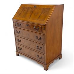 Mid-20th-century Georgian design cherrywood and burr walnut  veneered bureau, fall front with inset tooled leather writing surface revealing a fitted interior with small drawers and pigeon holes, and a central cupboard with oval inlay, over four long graduated drawers, raised on shaped bracket feet 