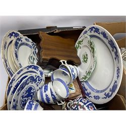 Large quantity of ceramics to include Booths and Cauldon dragon pattern blue and white tea and dinner wares, Wedgwood, Lladro, other blue and white to include Ringtons, metalware etc
