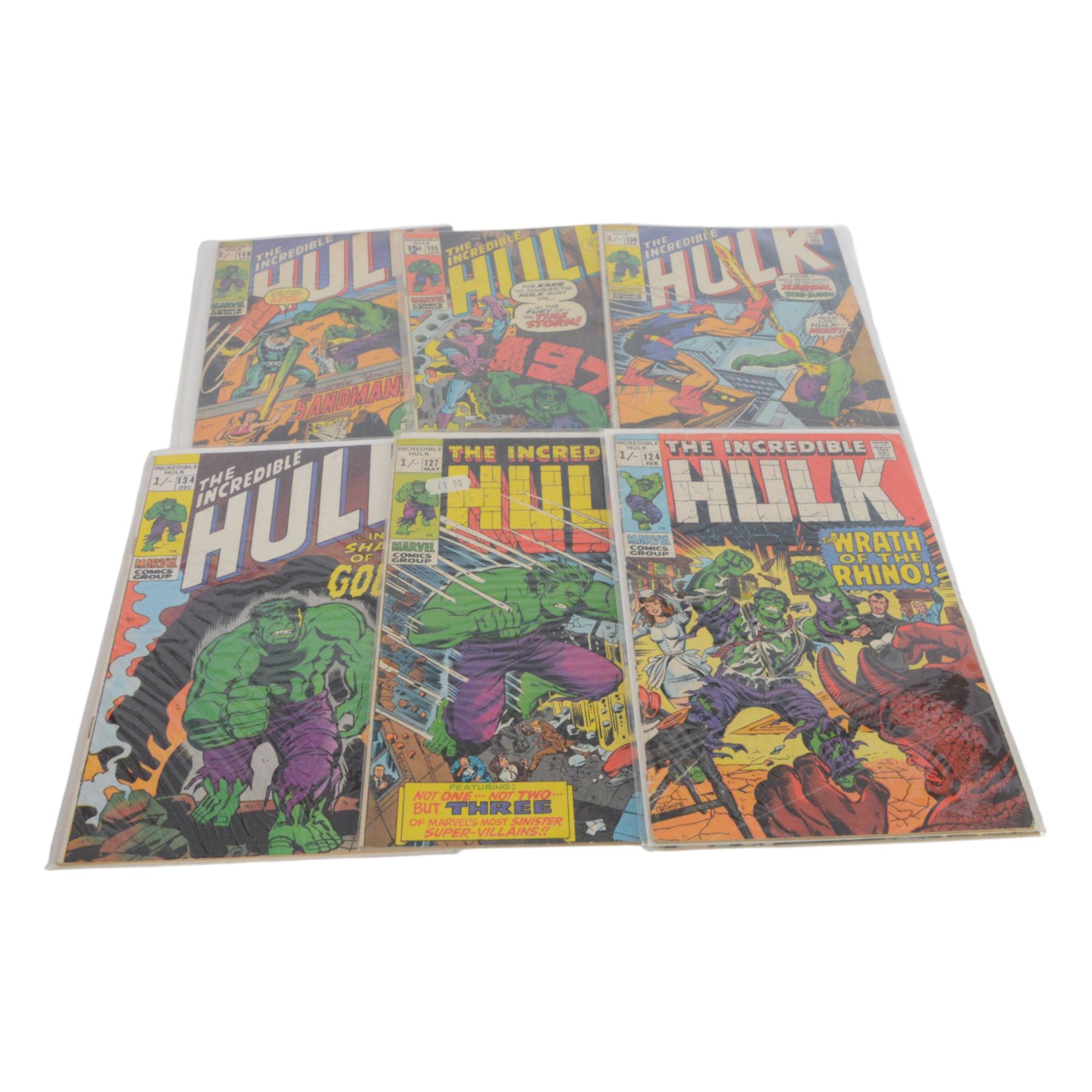 Fifty Marvel 'The Incredible Hulk' comic books, spanning years 1969- 1986, comprising #114, #121, #123, #124, #125, #127, #134, #135, #136, #138, #164, #165, #166, #167, #168, #172, #178, #191, #197, #198, #199, #200, #252, #258, #261, #262, #266, #269, #270, #272, #276, #277, #278, #279, #280, #281, #282, #283, #314, #315, #316, #317, #318, #319, #320, ##321#322, #323, all bagged, some card backed