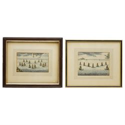 M Ogier (French fl. 1676 -1710) after Pierre Puget (French 1620-1694): Naval Manouevers, pair of late 18th century engravings with hand-colouring pub. Paul Hoste 'L'Art des Armées Navales' (The Art of Naval Armies, or Treatise on Naval Evolutions) c.1697, 12cm x 19cm (2)