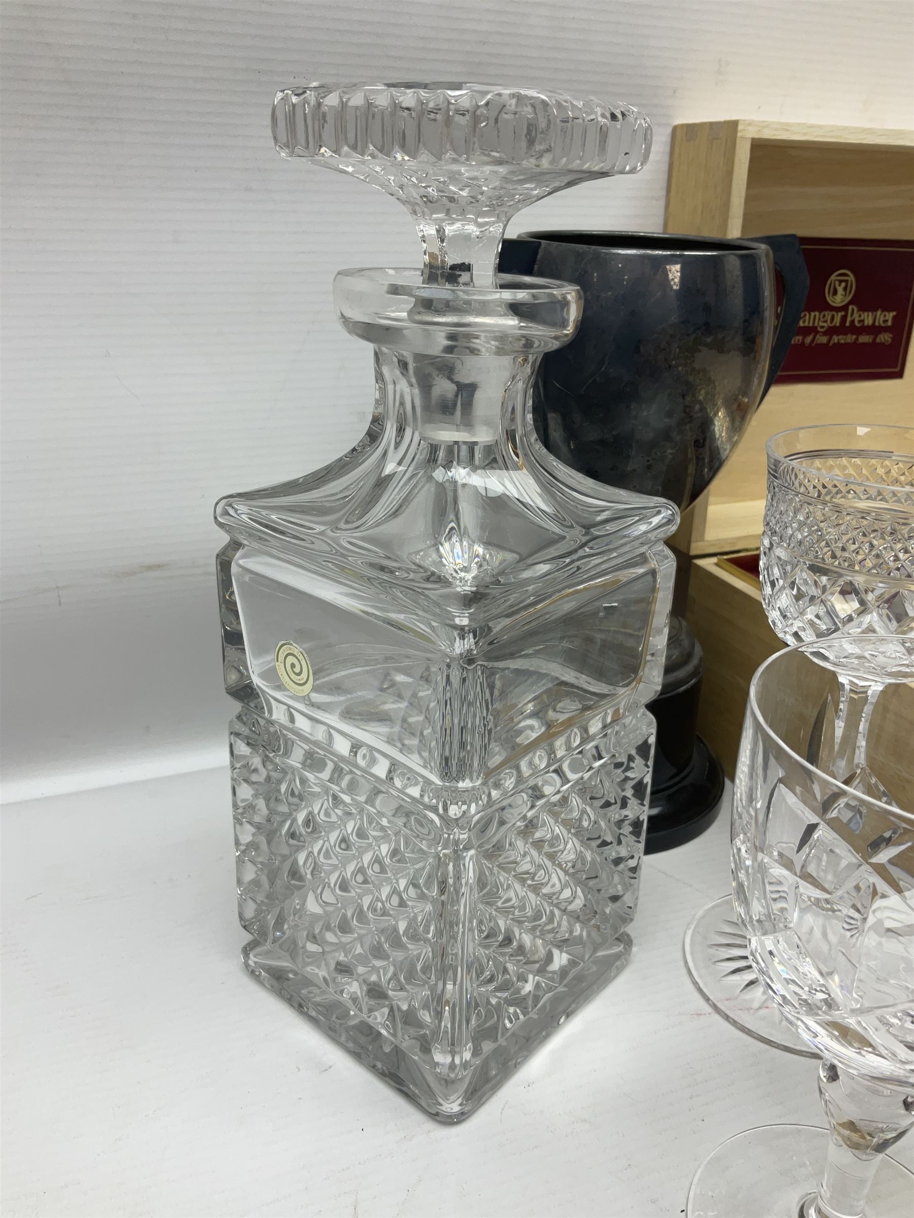 German Bleikristall decanter, set of six Stuart Crystal glasses, a Dartington Crystal decanter, christmas lights and a collection of pewter tankards, etc 