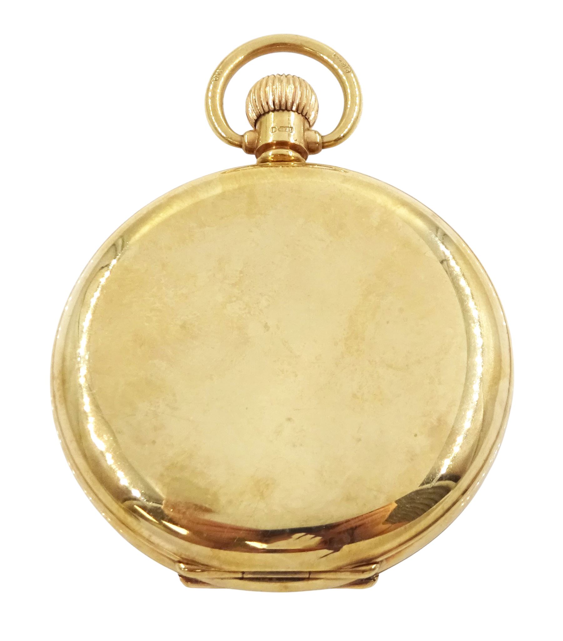Early 20th century 9ct gold full hunter, keyless 'Traveler' lever pocket watch by American Watch Company, Waltham, No.27663195, white enamel dial with Roman numeral hour markers and subsidiary seconds dial, case by Dennison, Birmingham 1933