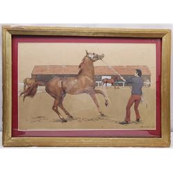 Muriel Gill (British mid 20th century): In the Training Paddock, watercolour and ink signed and dated 1973, 41cm x 65cm