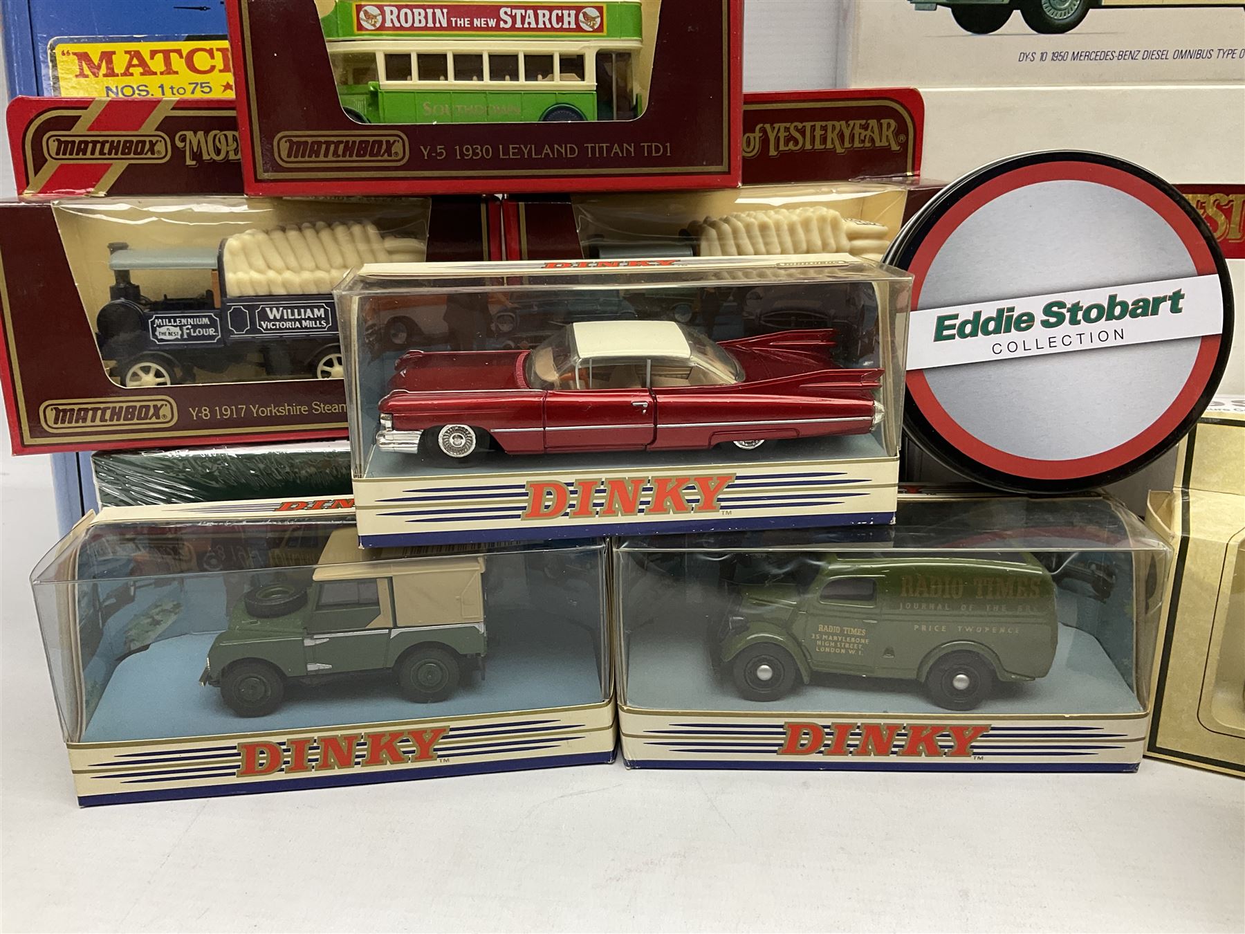 Matchbox - 1929 Scammell 100 ton truck with GER 2-4-0 locomotive; 1936 Leyland Cub Fire-Engine; five Models of Yesteryear; six Dinky Collection vehicles; and Matchbox reference book; together with three Atlas Eddie Stobart vehicles; and three Lledo promotional models; all boxed 