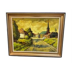 Mid century continental oil on canvas, street scene with church and buildings, indistinctl...