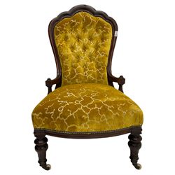 Victorian mahogany framed chair, upholstered in pale gold embossed fabric, fan shaped back
