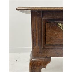 18th century oak lowboy, moulded rectangular top over three drawers with mahogany band and stringing, the central drawer pulls out to reveal deeper hidden drawer, shaped apron with fluted upright decoration, on cabriole supports