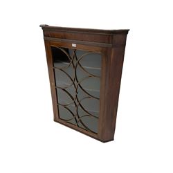 Georgian mahogany wall hanging corner cabinet, enclosed by single door with curved interlacing astragal glazing 