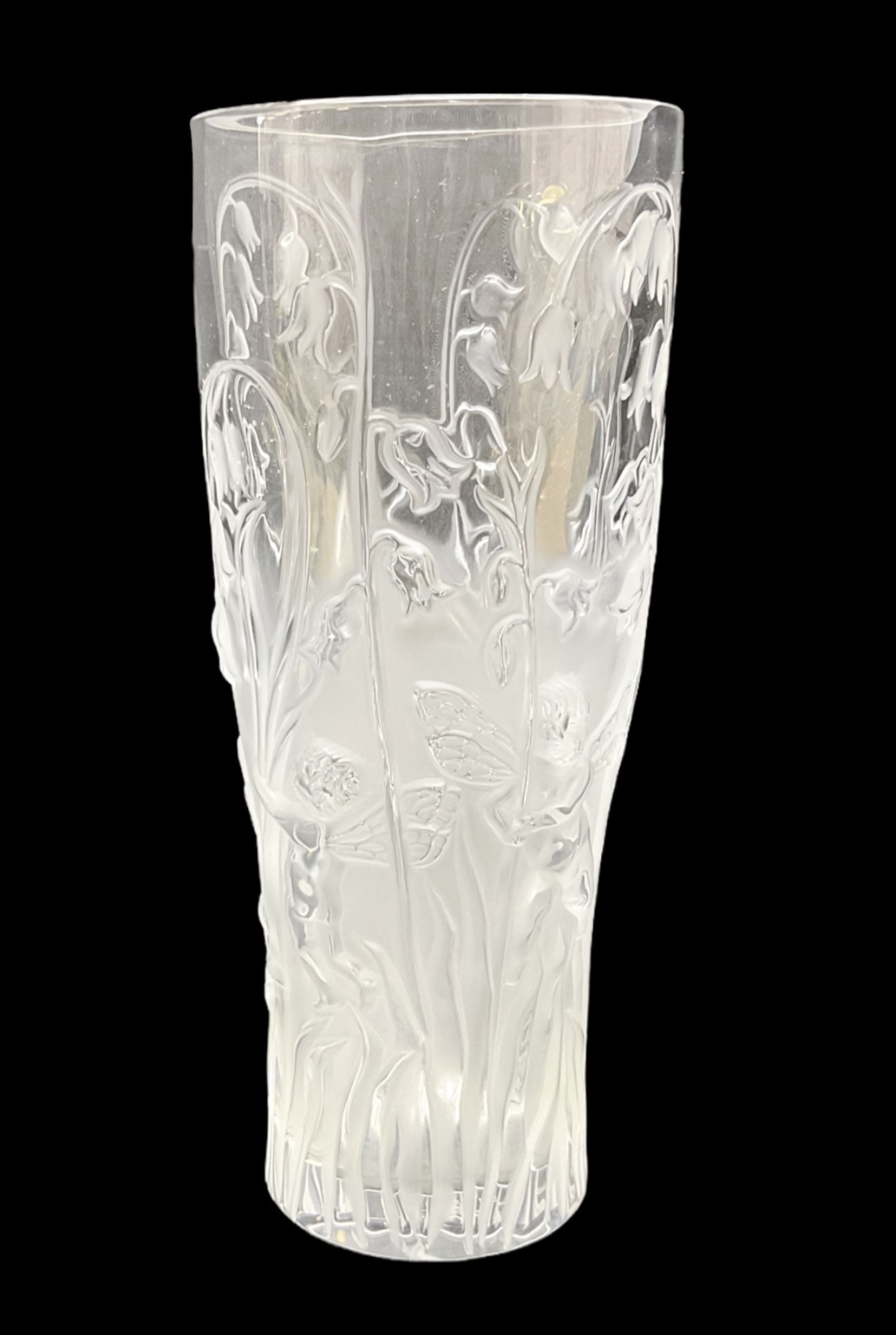 Lalique Elves frosted glass vase, moulded with elves playing amongst bluebells, circa 2005, with engraved Lalique France mark beneath, H19.5cm
