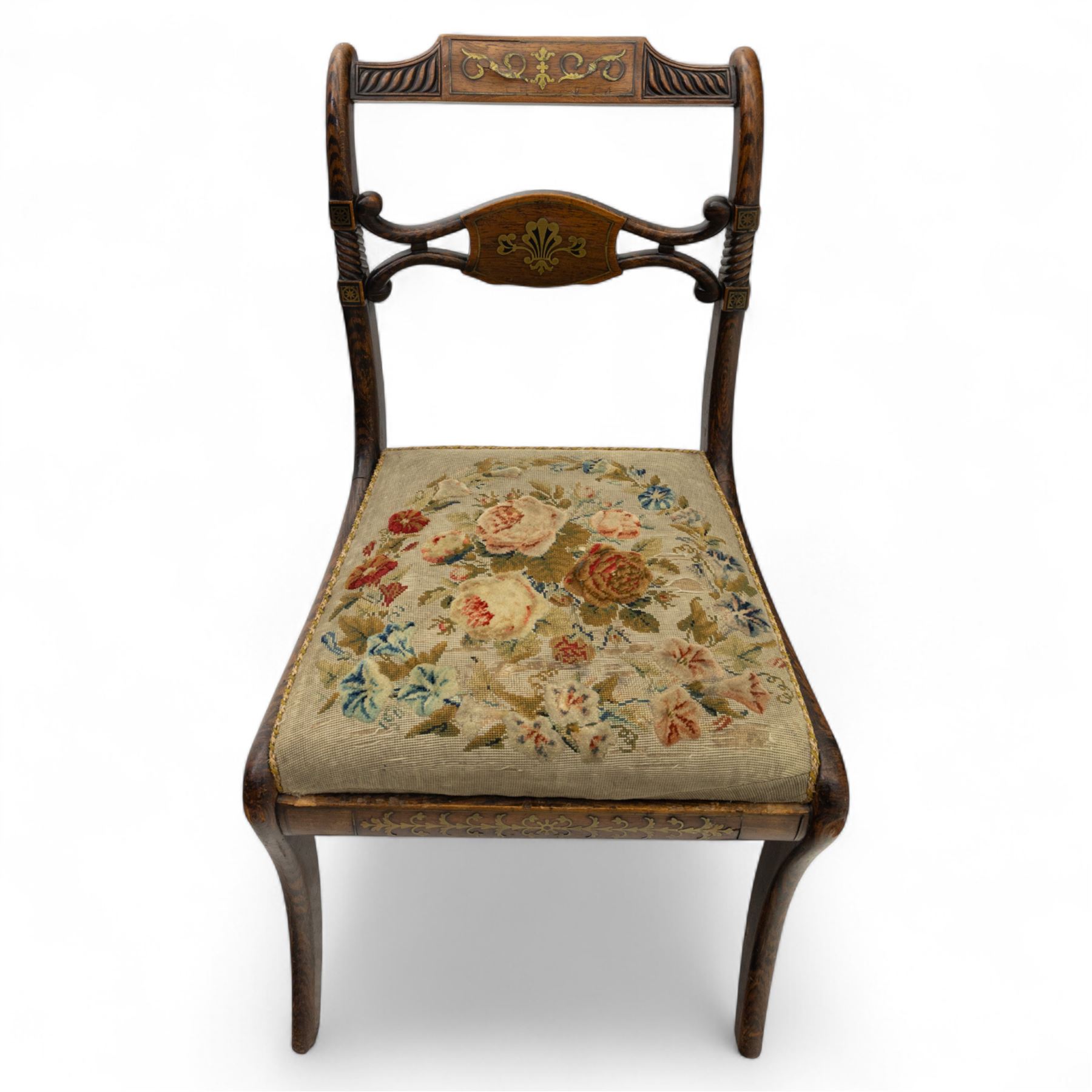 William IV X-frame rosewood stool with upholstered drop-in seat and a Regency simulated rosewood and brass inlaid dining chair with drop-in seat worked in floral needlepoint, W43xD43xH43cm & W46xD40xH79, (2)