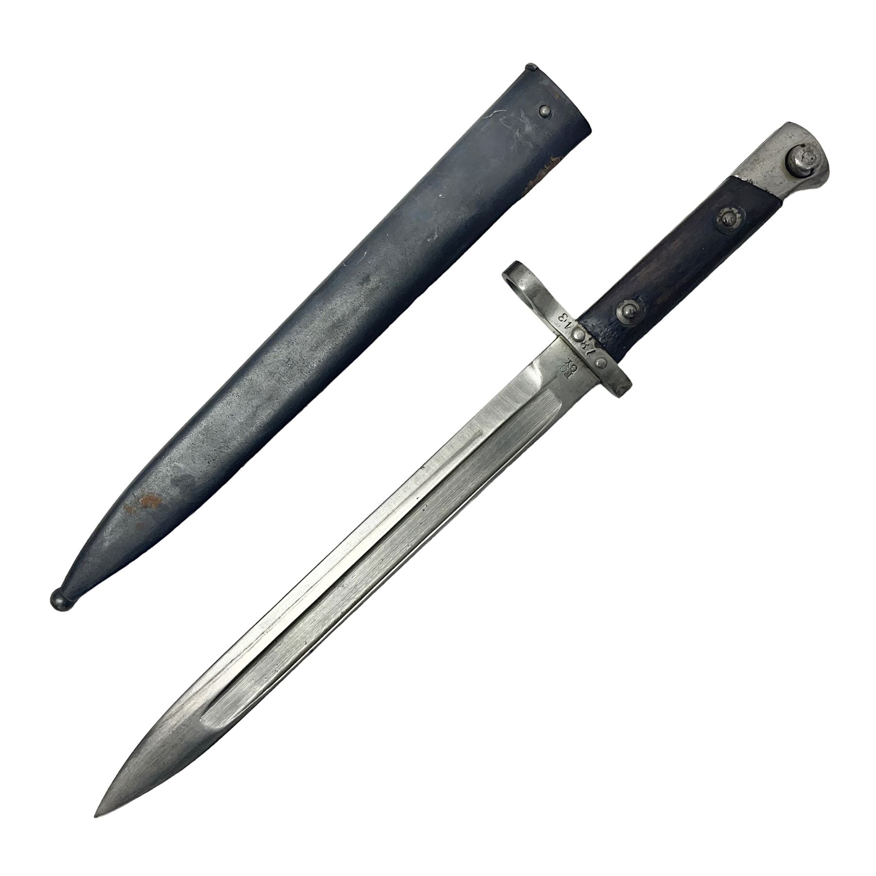 Austrian Model 1895 Carbine knife bayonet with 24.5cm fullered steel blade; various marks to the ricasso including F.G. GY.; cross-piece marked No.7843; in steel scabbard L37cm overall