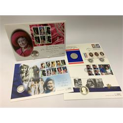 Four coin covers including 'The Bicentennial of the French Revolution 1789 1989' containing French1975 silver 50 francs, 'Queen Elizabeth the Queen Mother' containing Bailiwick of Guernsey 1995 silver one pound coin and two other coin covers 