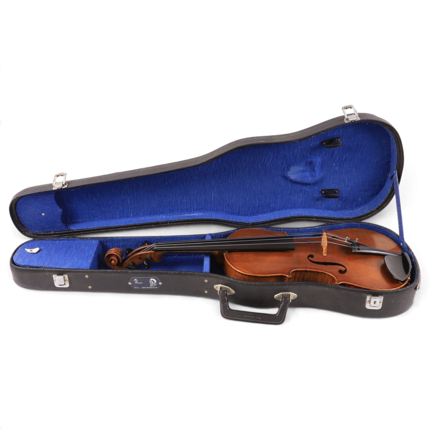 20th century French violin, with two piece back, ebonised fretboard and tuners, L60cm, with fitted hard case