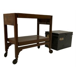 Two oak country chairs, mahogany elbow chair, trunk and luggage stand, metalwork standard lamp, trolley table, tin trunk (8)