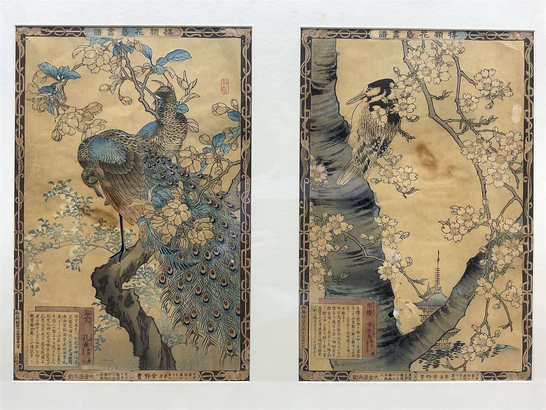 Japanese School (20th century): Birds in Trees, pair woodblock prints framed as one, each 36cm x 24cm, together with a similar set of three framed as one, each 37cm x 25cm (2)