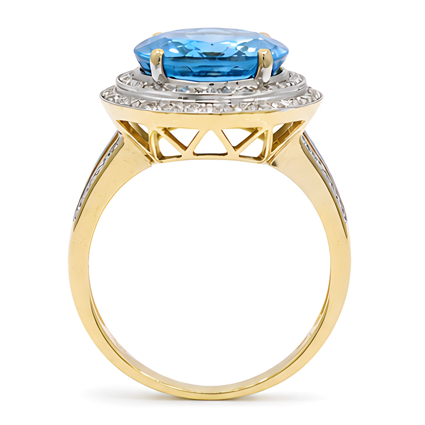14ct gold Swiss blue topaz and diamond cluster ring, single oval cut topaz of approx 8.85 carat, surrounded by two rows of single cut diamonds and split diamond set shoulders