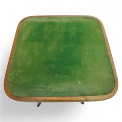 Early 20th century Thonet bentwood card table, square top with rounded corners inset with green baize, four slide-out card trays beneath, on shaped bentwood supports joined by a central stretcher