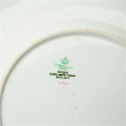 Spode Copeland's china part dinner service, circa 1900, with a blue and gilt jewelled border comprising ten dinner plates, seven dessert plates, two side plates, pair of vegetable dishes and covers, two sauce tureen stands and oval meat plate retailed by T Goode, London