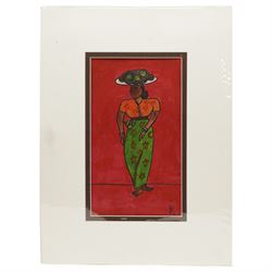  L K Karunaratne (Sri Lankan 1932-2013): 'Vattiamma', poster colour on card signed with initials 32cm x 18cm

Notes: Karunaratne was a key figure in Sri Lanka’s heritage conservation movement and a respected artist. Known for his work documenting Sri Lankan archaeology, he specialized in painting the rich traditions of the Kandyan period and Buddhist architecture. Vattiamma demonstrates his mastery of poster colour, capturing the essence of Sri Lankan life and culture. Karunaratne’s detailed studies of sites like Degaldoruwa and Medawala, as well as his extensive drawings of Kelaniya clay toys, highlight his dedication to preserving the island's artistic legacy. His works have been showcased in exhibitions organized by the National Trust of Sri Lanka and are held in various collections, including the University of Moratuwa and other important private and state collections.