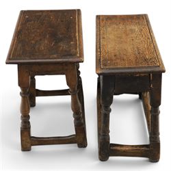 Two 19th century oak joint stools raised on turned supports united by stretchers