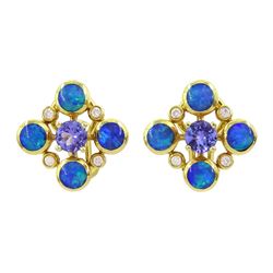 Pair of 14ct gold 14ct gold opal, tanzanite and diamond pendant, stamped 14K