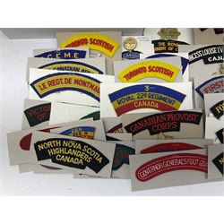 Canadian metal and cloth badges, including Princess Patricias Canadian Light Infantry, Ontario Regiment, 29th Waterloo Regiment, Grenadier Guards, Logistics, Combined Services, Saskatchewan Dragoons, Irish Regiment of Canada, Sakatoon Light Infantry etc