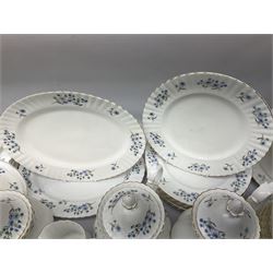 Extensive Richmond Blue Rock pattern part tea and dinner service, to include seven dinner plates, nine smaller plates, three lidded twin handled tureens, two teapots and two coffee pots, eleven bowls, cake stand, six twin handled soup bowls and saucers, six teacups, four coffee cups, milk jugs, sucrier, cake plate, salt and pepper shakers, other plates, dishes, bowls, side plates and many spares etc