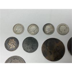 Quantity of Great British and World pre decimal and pre Euro coins to include sixteen Queen Victoria examples, 1854 four pence, two 1838 three pence, 1885 three pence, 1878 farthing, 1862 and 1882 penny coins