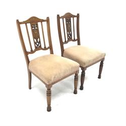 Pair Edwardian inlaid  mahogany dining chairs, upholstered seat, turned supports, W43cm