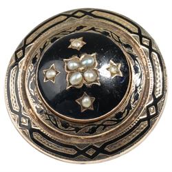9ct gold seed pearl and black enamel brooch with hair inset panel to reverse
