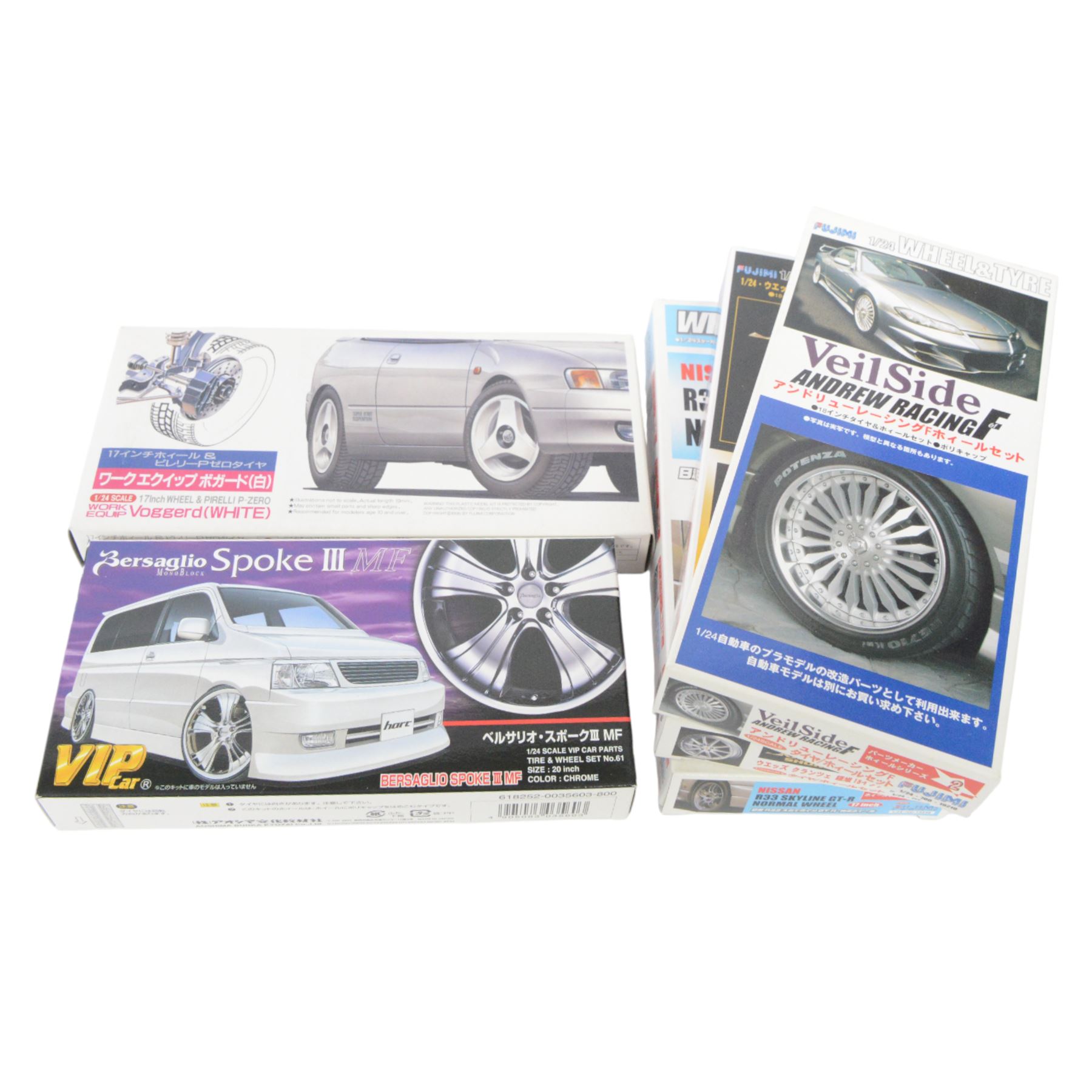 Large collection of 1/24 scale tyres and wheels sets, mostly Aoshima and Fujima, all boxed