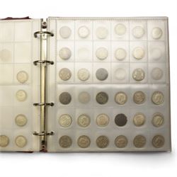 Mostly Great British coins, including various pre 1920 silver three pence pieces, pre 1947 silver sixpences and one shillings, pre-decimal coinage, commemorative crowns, unofficial year sets and part sets etc, housed in eight folders