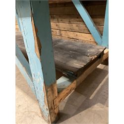 Large timber work bench with central glass section, and two pairs of vintage wooden step ladders (3)