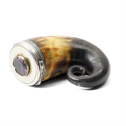 19th century horn snuff mull the cover with silvered mounts and  with purple glass inset