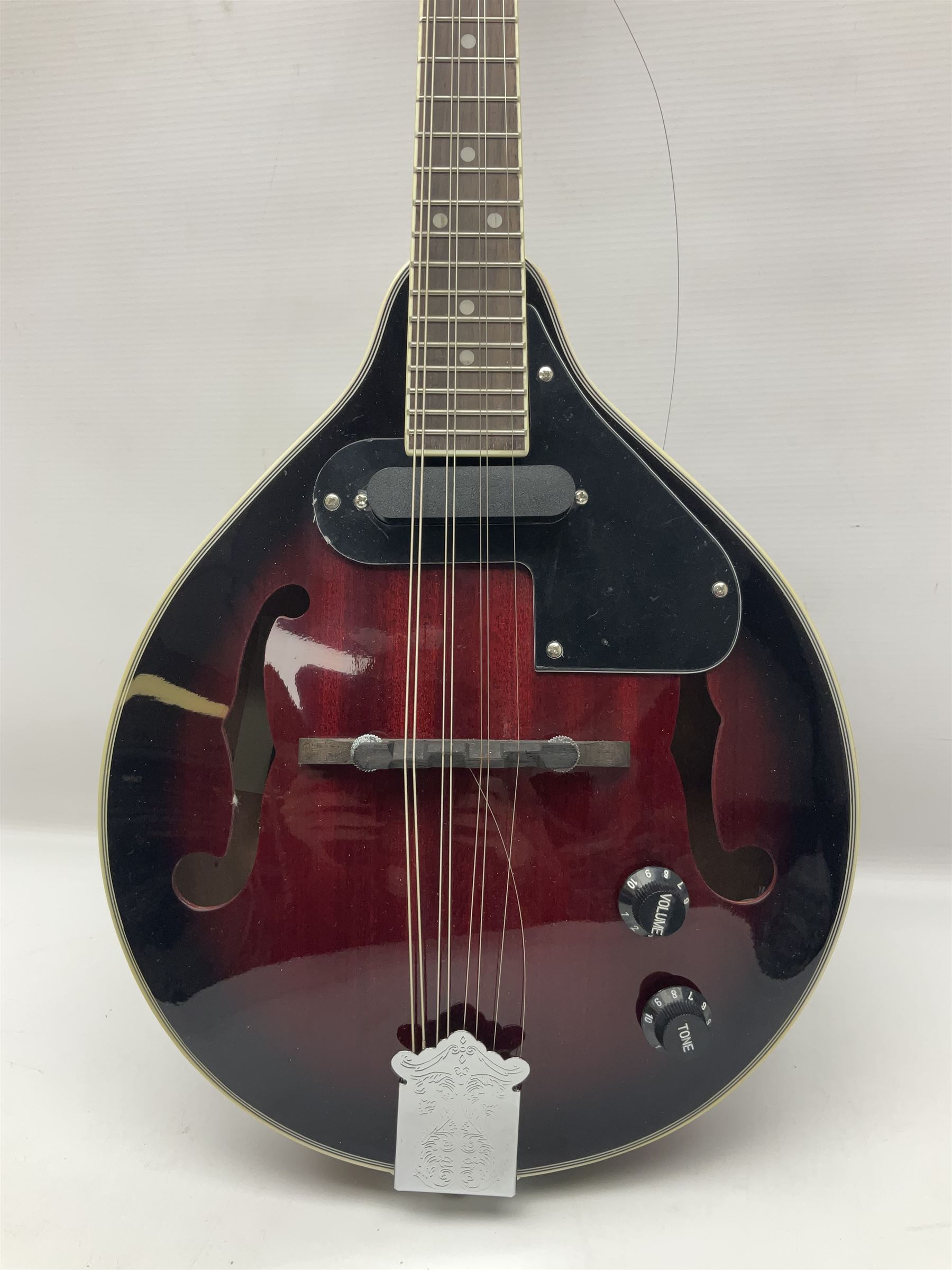 Stagg Model M50 E eight-string electro-acoustic mandolin; bears makers label L69cm; in cardboard delivery box with lead