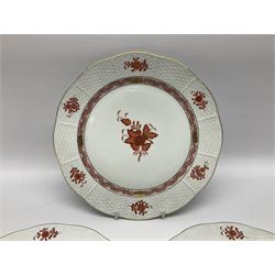 Herend Chinese Bouquet Rose pattern tea service comprising teapot, coffee pot, open sucrier, six cups and saucers, six tea plates, cream jug and stand, milk jug, two teabag holders, preserve pot, two leaf shaped dishes, four egg cups, salt & pepper pots, pair side plates and another plate