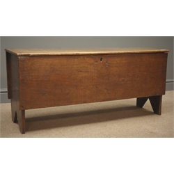  19th century oak plank coffer, solid end shaped supports, W110cm, H50cm, D34cm  