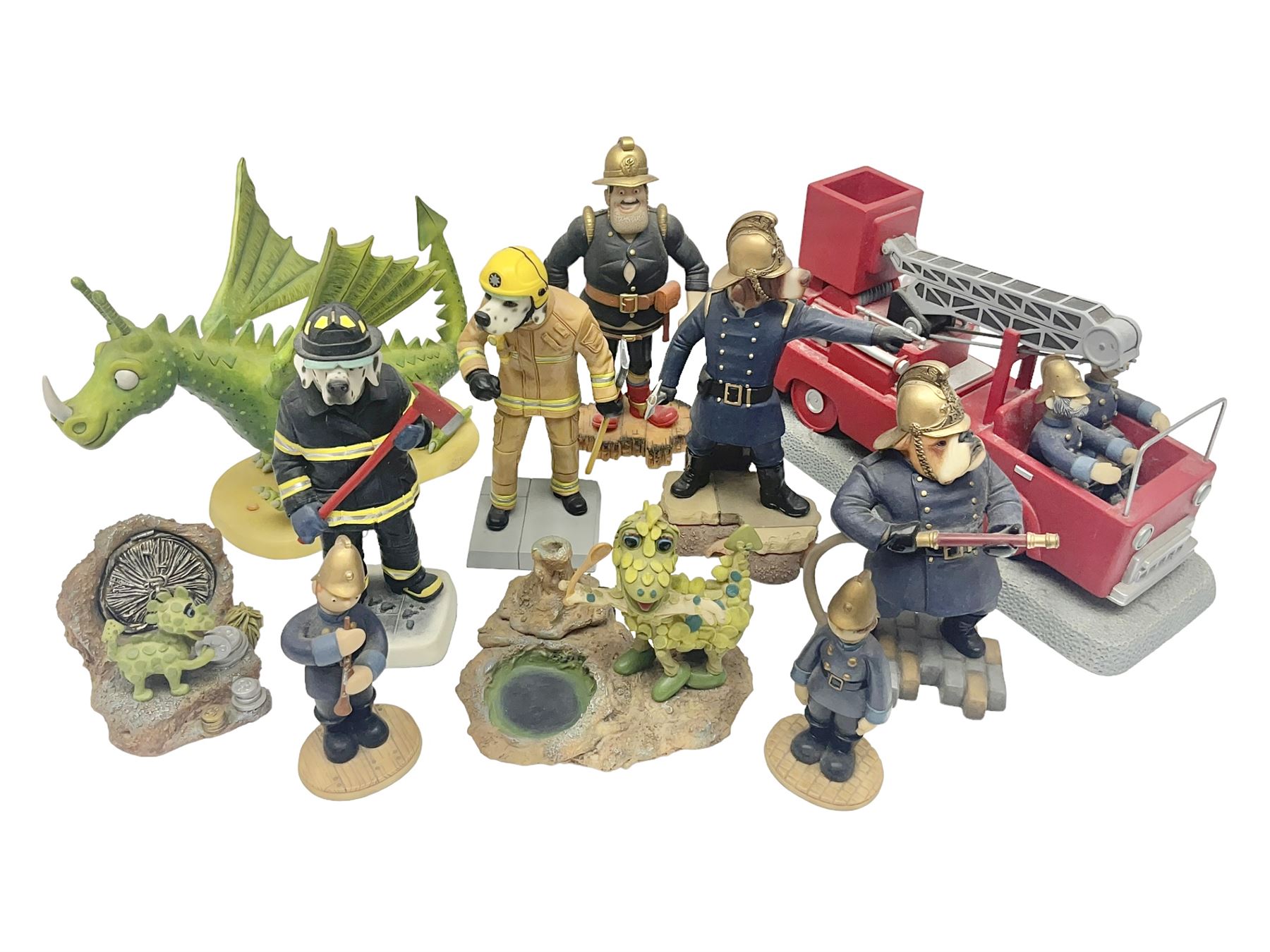 Eleven Robert Harrop figures from various collections, comprising limited edition The Trumpton Fire Engine Musical Box CGMB8 no. 359/1000, The Dragon from the Red Knight BN09, Bulldog Fireman DP165, Pointer Fire Chief DP184, Dalmatian New York Fire Fighter DP234, Dalmatian Fire Fighter DP191; Desperate Dan ‘Fireman Dan’ BDS11, Cuthbert CG13, Pugh (Clarinet) CG70, The Soup Dragon CL05 and Baby Dragon CL06