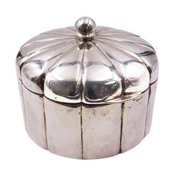 20th century Continental silver box, of circular lobed form, the hinged cover with ball finial opening to reveal a gilt interior, stamped 800, also bearing others marks, including possibly Czechoslovakian import mark, including finial H9.5cm D12cm, approximate weight 11.74 ozt (365.2 grams)